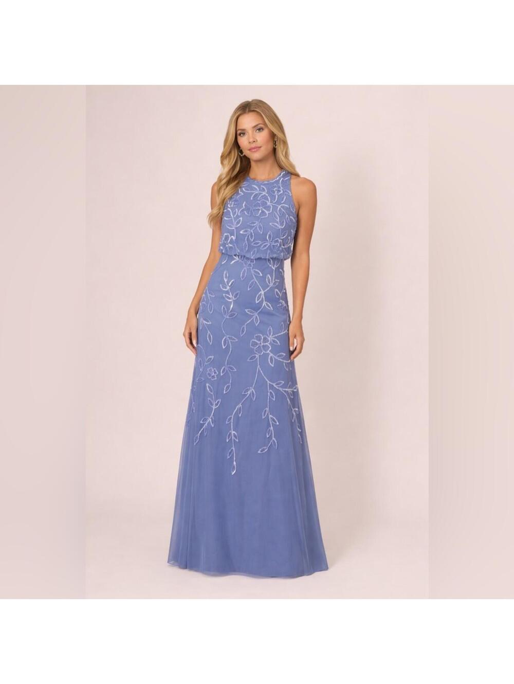 $360 Adrianna Papell Beaded Mesh Gown Blue Floral Formal Bridesmaid SZ 8 NWT